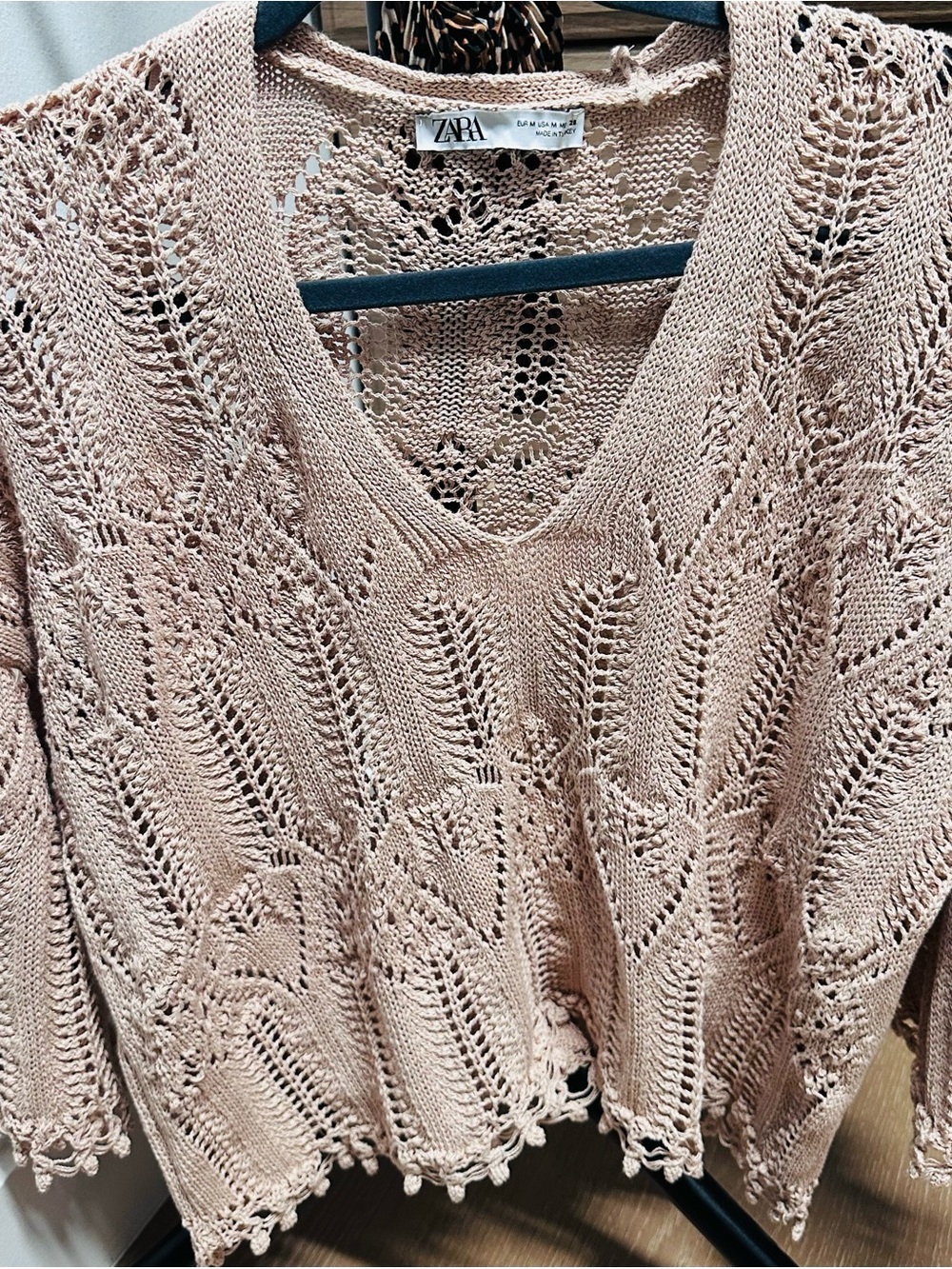 Zara Blush Pink Open-Knit V-Neck Sweater